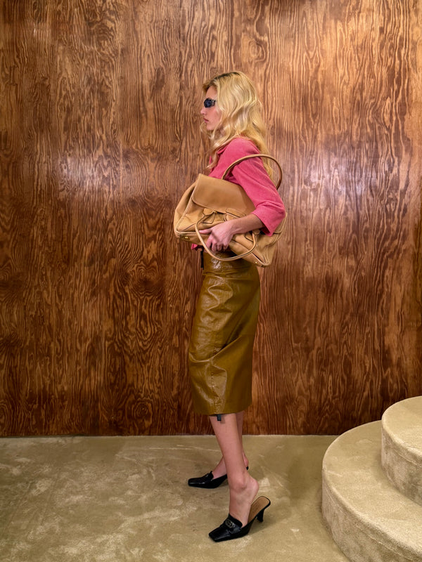 Olive Leather Midi Skirt