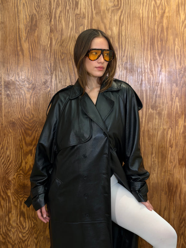 Black Simili Cuir Trench Materiels