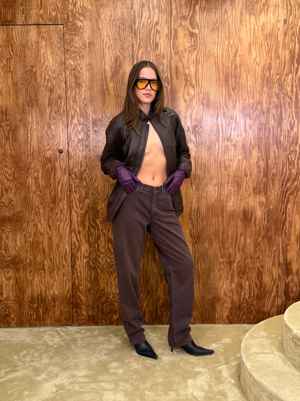 Brown Leather Jacket With Collar Detail