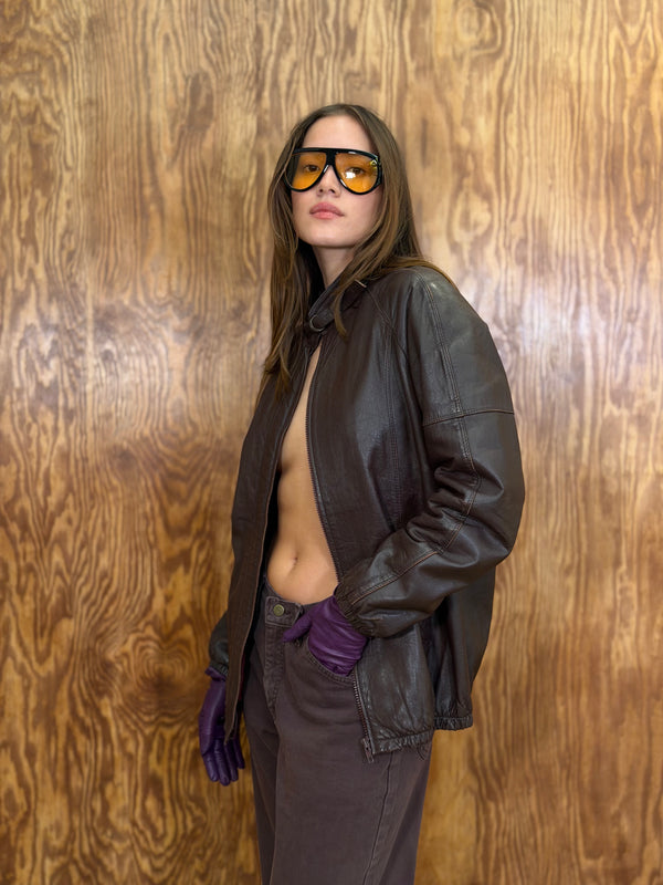 Brown Leather Jacket With Collar Detail