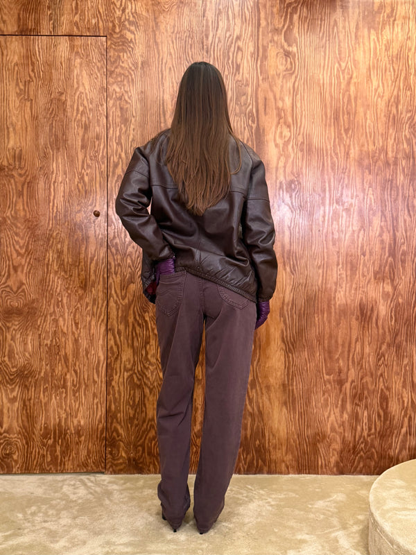 Brown Leather Jacket With Collar Detail