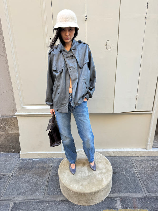 Grey leather bomber