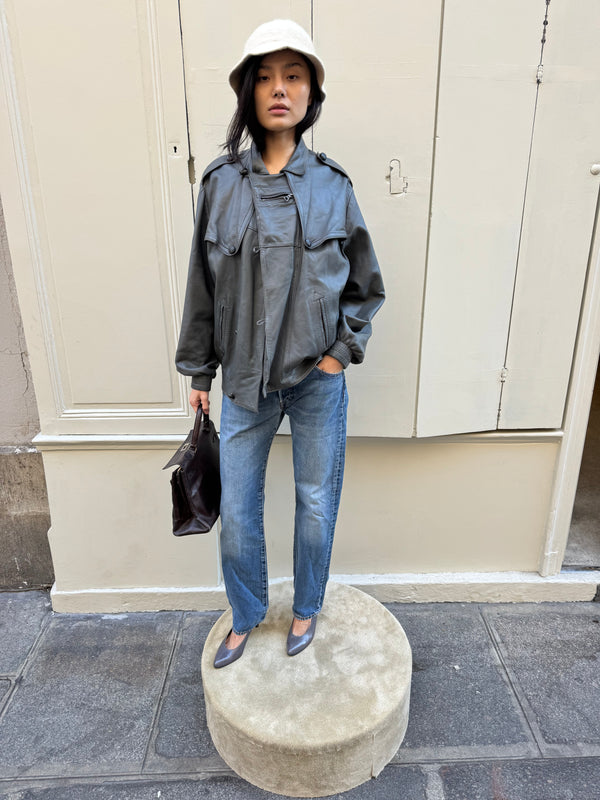 Grey leather bomber