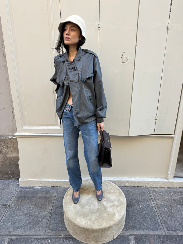 Grey leather bomber