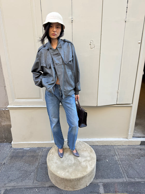 Grey leather bomber