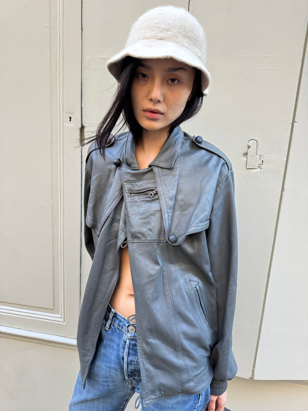 Grey leather bomber