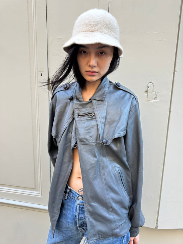 Grey leather bomber