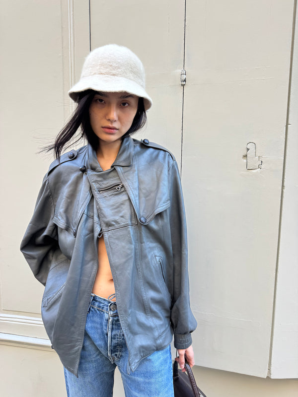Grey leather bomber