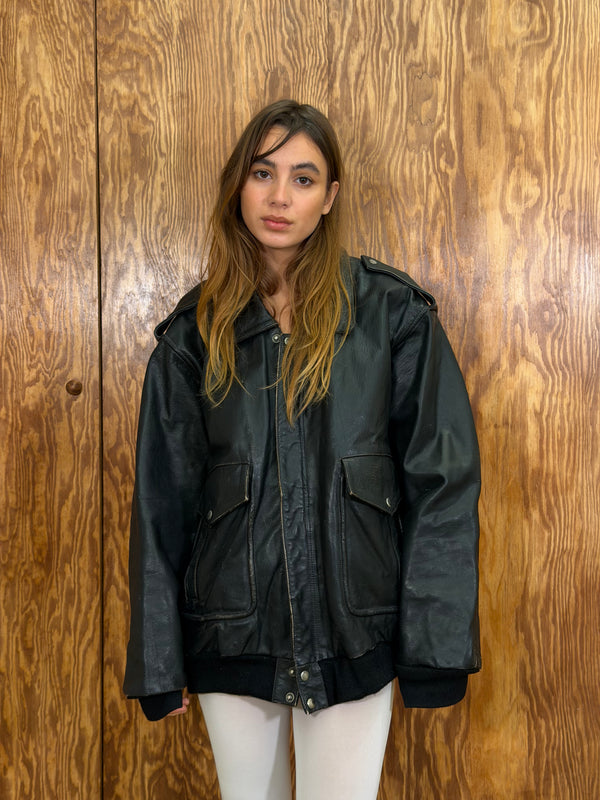 Oversized Black Leather Bomber Jacket