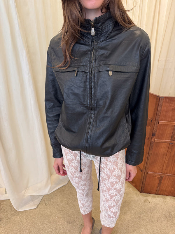 Black leather bomber jacket