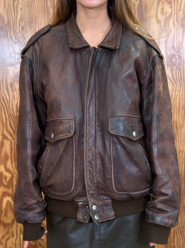 Brown Oversized Leather Bomber Jacket