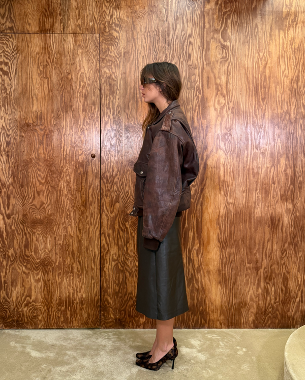 Brown Oversized Leather Bomber Jacket